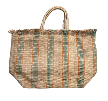 Jute Fringed shopping Bag -Nat-green- orange