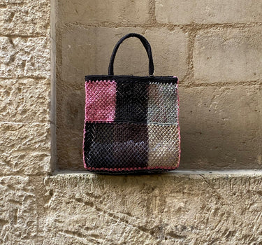 Sac Jute macramé Patchwork black pink
